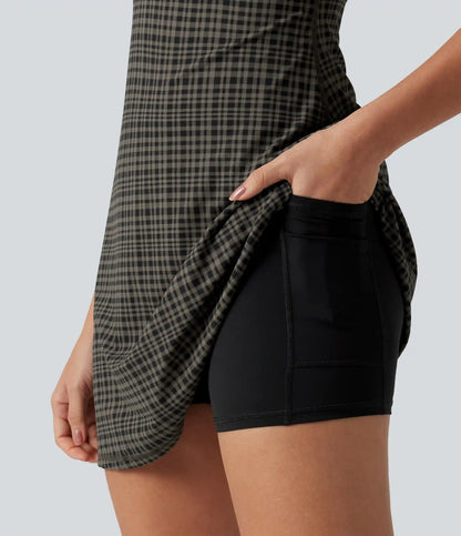 Halara UltraSculpt™ Plaid Print Built-in Bra 2-in-1 Mini Dance Active Dress with Pockets-Easy Peezy Edition
