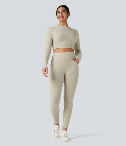 Ribbed Knit High Waisted Crisscross Back Casual Leggings with Pockets