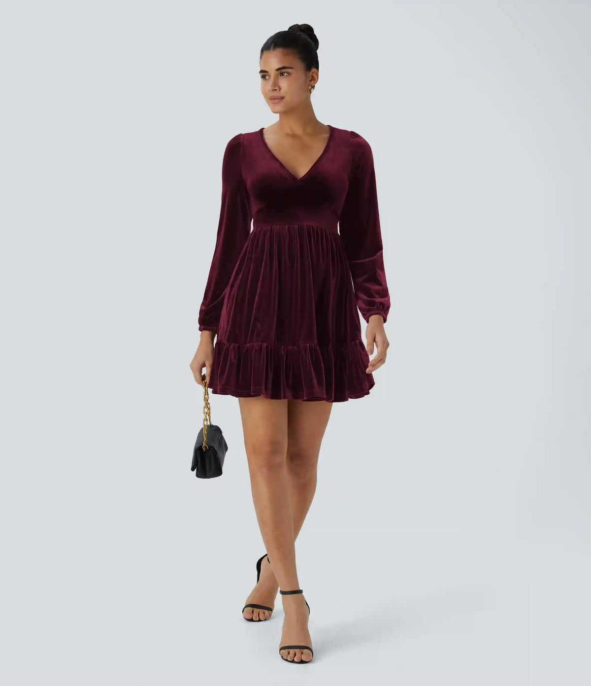 Everyday Deep V Neck Long Sleeve Ruffled Hem Velvet Mini Chill Dress