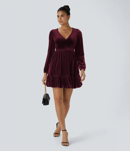 Everyday Deep V Neck Long Sleeve Ruffled Hem Velvet Mini Chill Dress