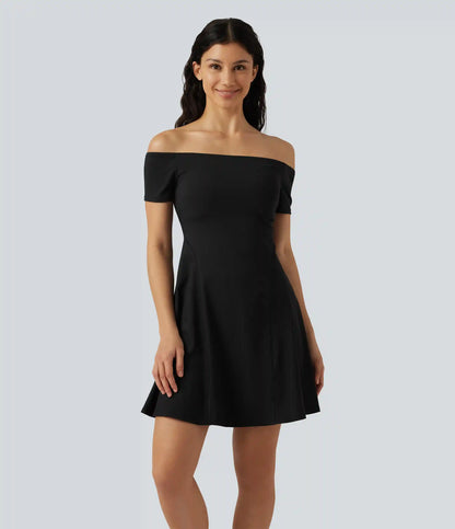 SoftlyZero™ Plush Off Shoulder Short Sleeve Built-in Bra Mini Casual Dress B-DD Cups