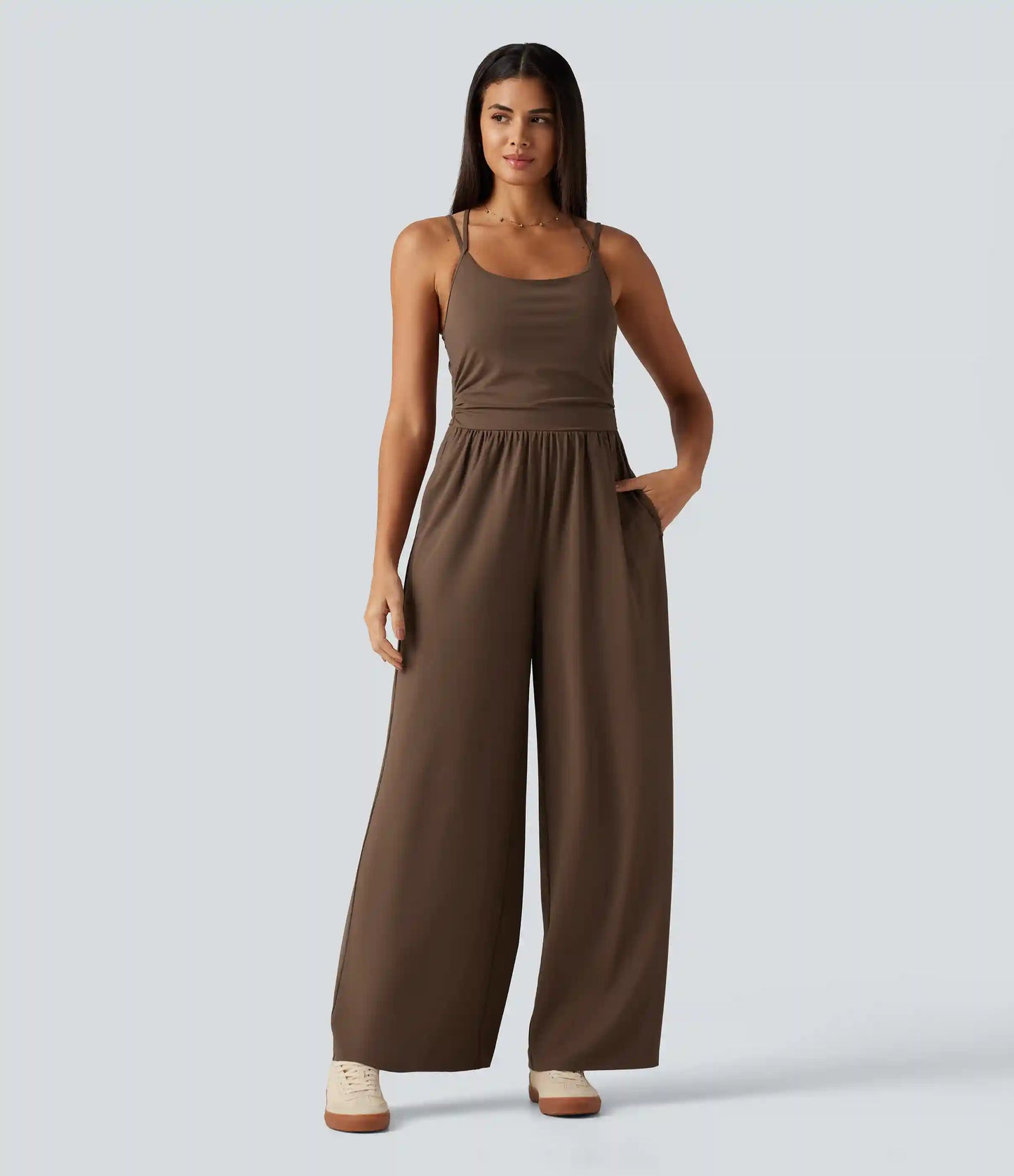 U Neck Sleeveless Crossover Built-in Bra Wide Leg Casual Jumpsuit with Pockets--Easy Peezy