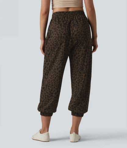 High Waisted Leopard Print Casual Cropped Baggy Joggers with Pockets