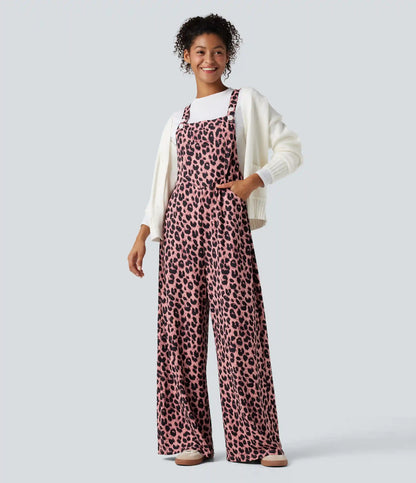 Leopard Print Waffle Casual Overalls with Pockets