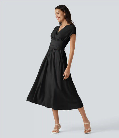V Neck Short Sleeve Tie Back Midi Casual Linen-Blend Flowy Dress with Pockets
