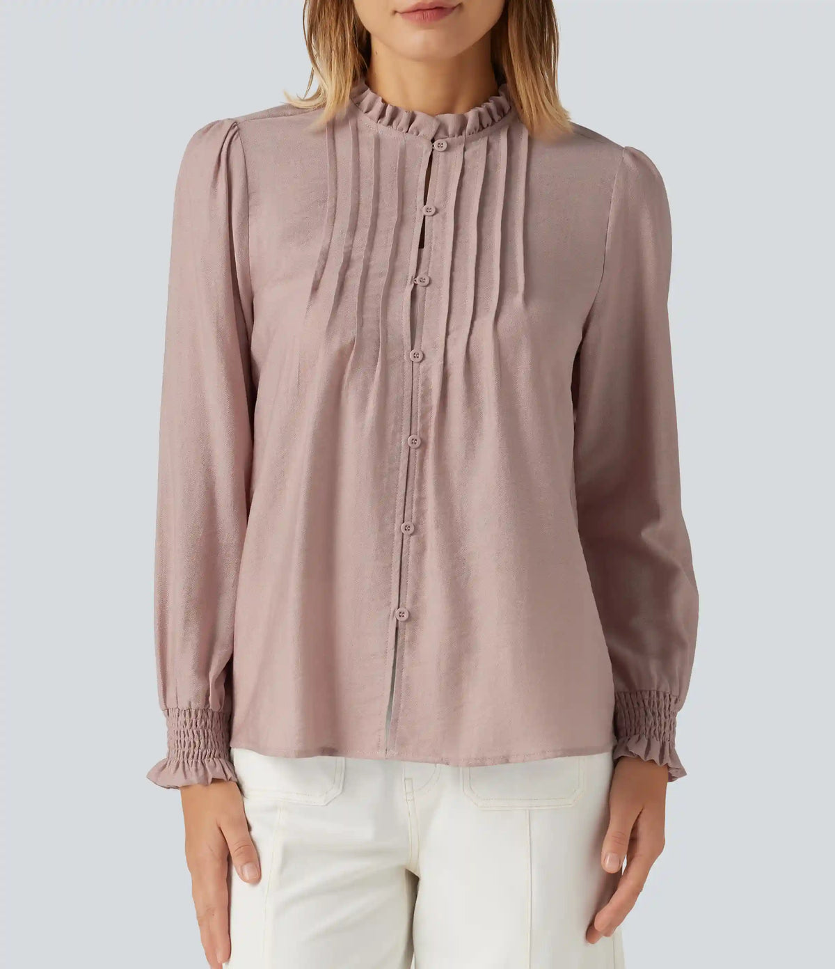 Ruffled Mock Neck Pleated Puff Long Sleeve Work Blouse