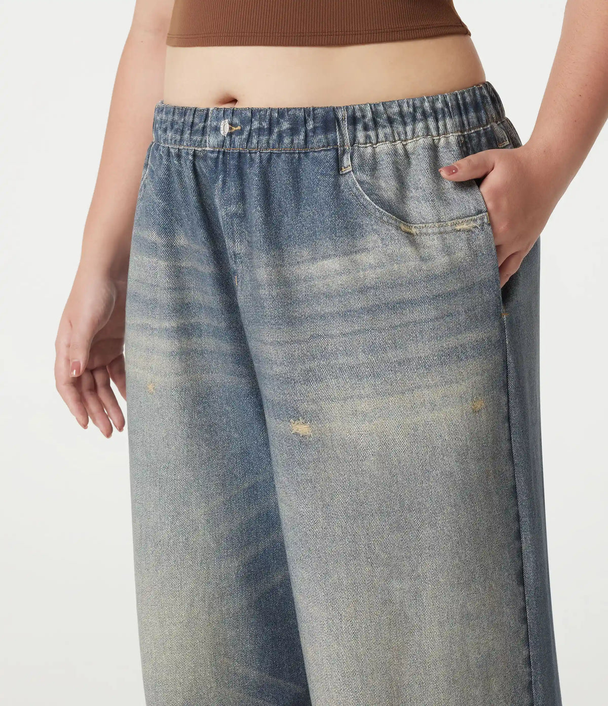 Plus Size Mid Rise Denim Print French Terry Casual Sweatpants Jeans with Pockets