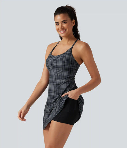Halara UltraSculpt™ Plaid Print Built-in Bra 2-in-1 Mini Dance Active Dress with Pockets-Easy Peezy Edition