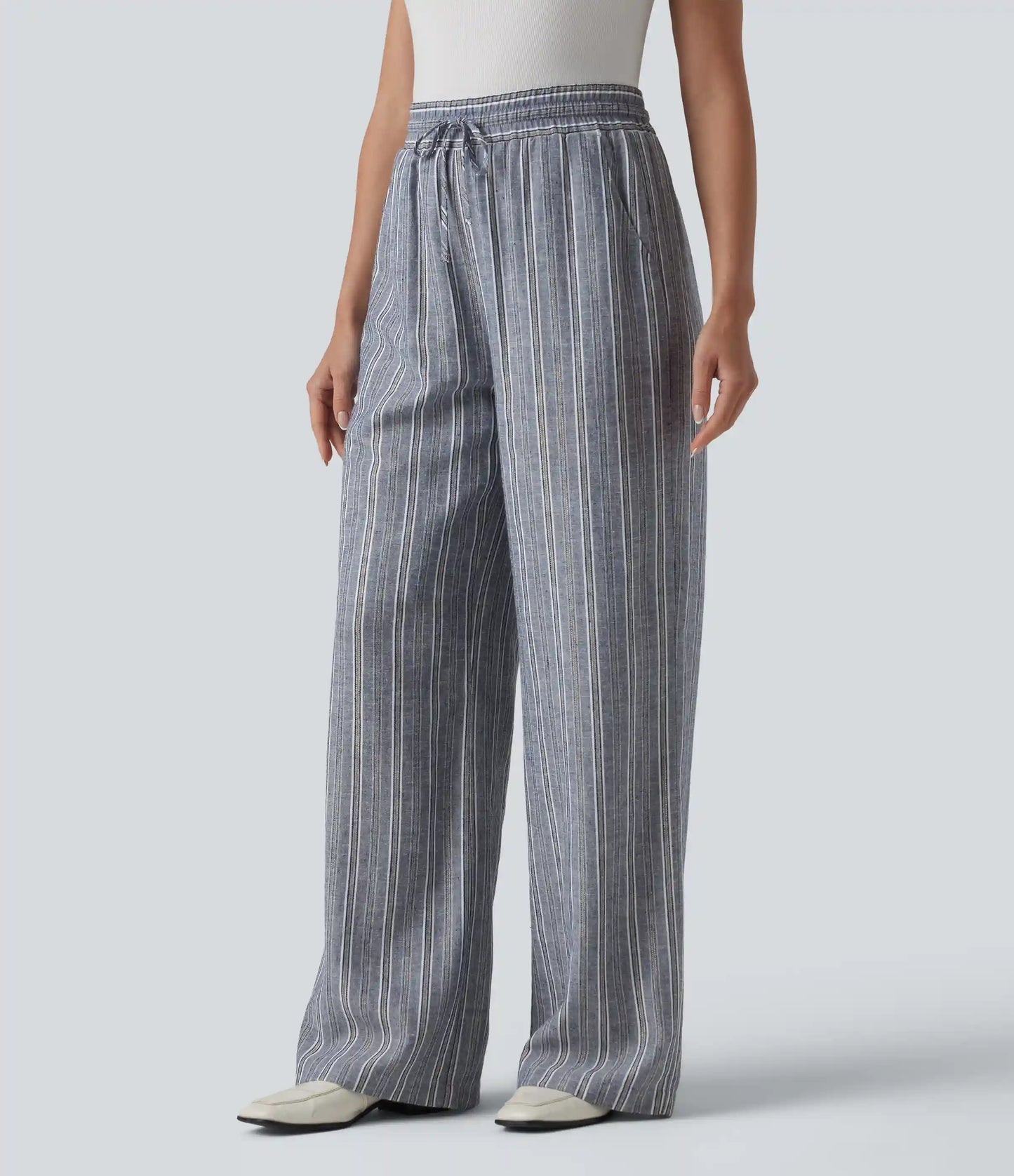 High Waisted Drawstring Stripes Linen Work Baggy Pants with Pockets