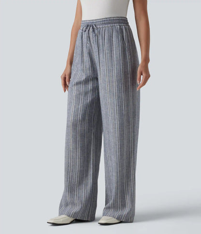 High Waisted Drawstring Stripes Linen Work Baggy Pants with Pockets