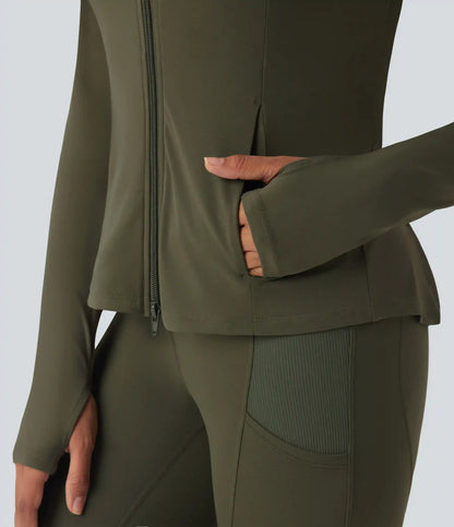 SoftlyZero™ Hooded Long Sleeve Thumb Hole Pleated Jacket with Pockets