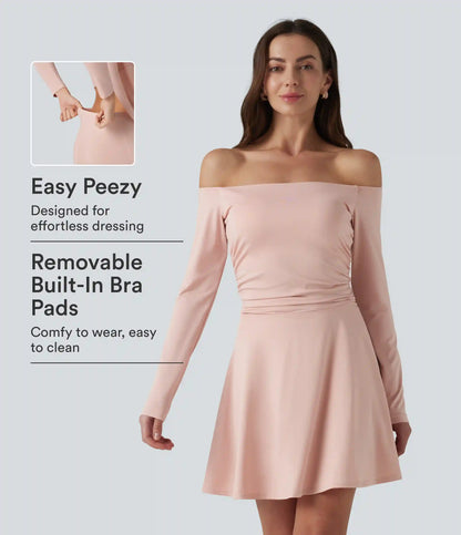 Off-shoulder Long Sleeve Ruched 2-in-1 Built-in Bra Casual Dress with Pocket-Easy Peezy