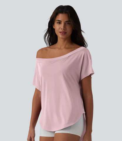 One Shoulder Short Sleeve Curved Hem High Low Quick Dry Yoga Sports Top-Built-in Bra