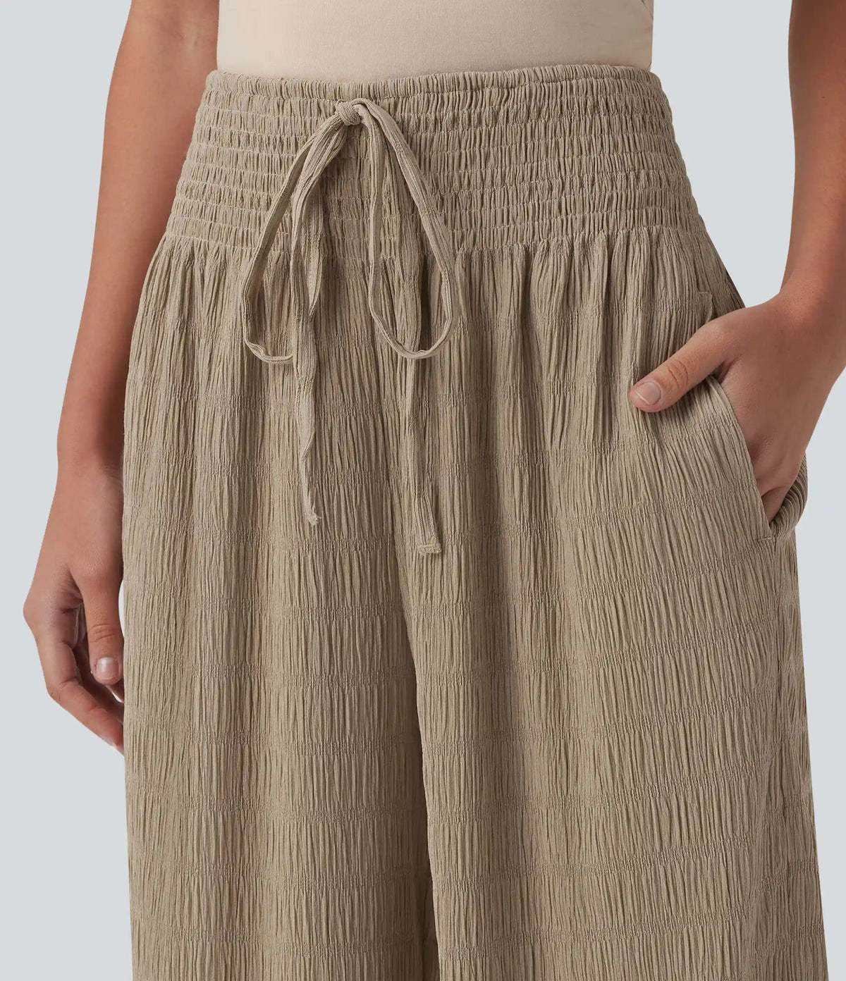 Mid Rise Drawstring Texture Resort Baggy Pants with Pockets