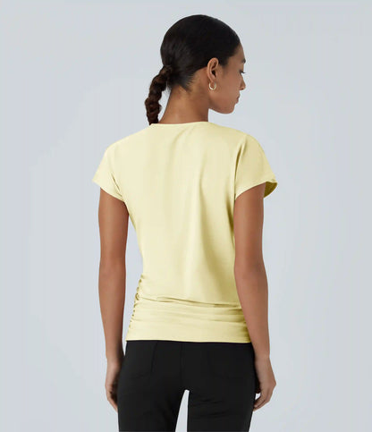 V Neck Cap Sleeve Crossover Ruched Solid Work Blouse