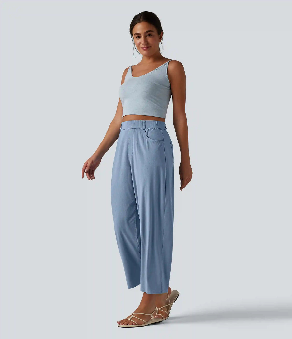 High Waisted Barrel Leg Casual Stretch Linen Pants with Pockets