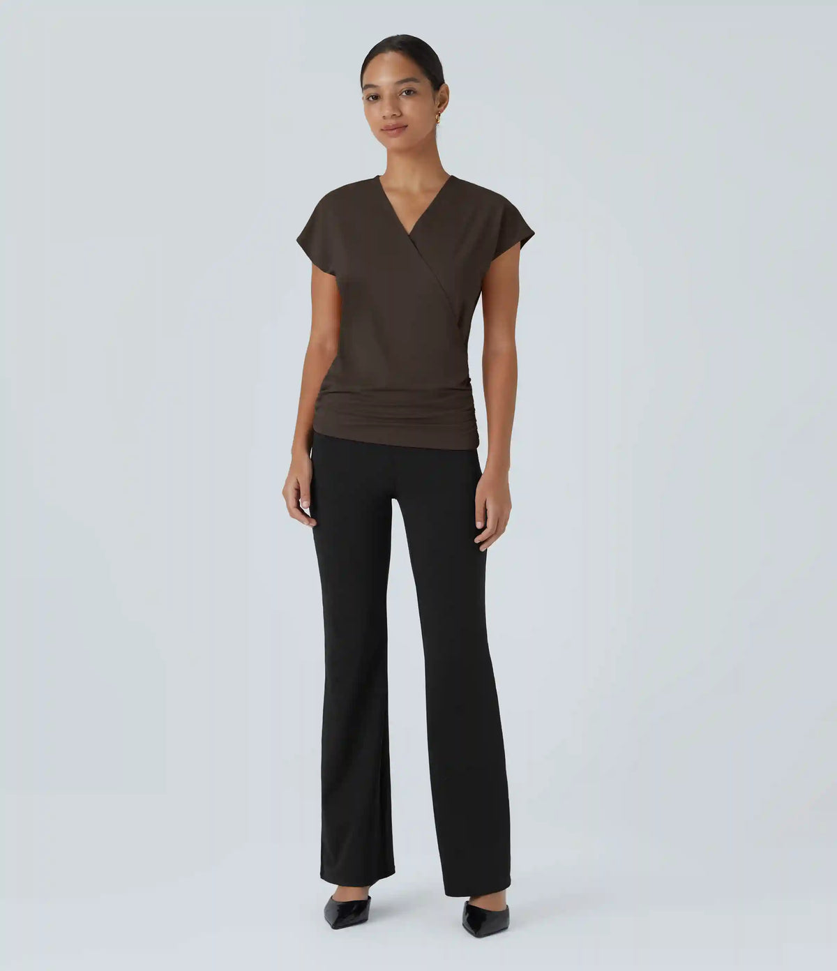 V Neck Cap Sleeve Crossover Ruched Solid Work Blouse