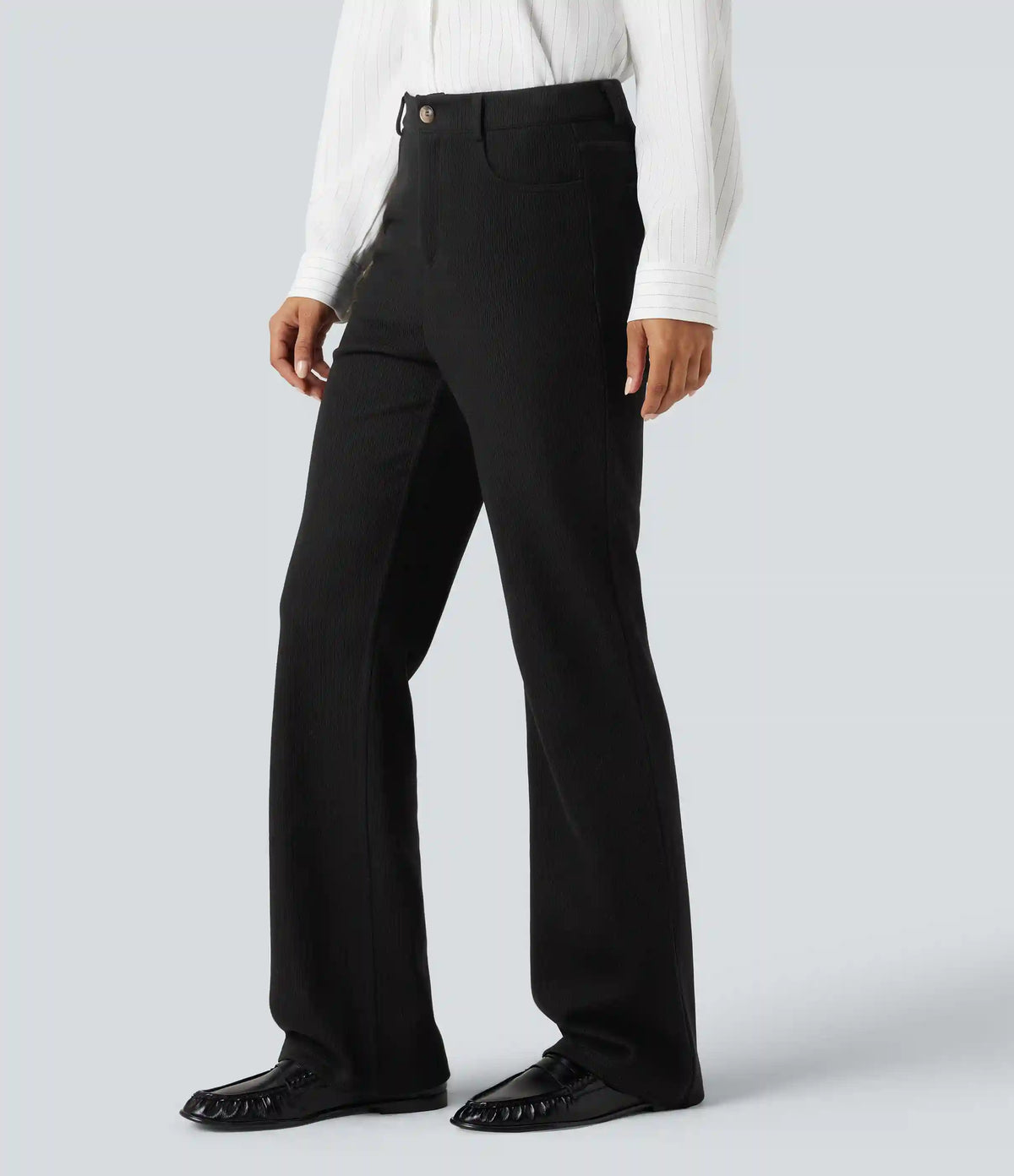 Ribbed High Waisted Casual Bootcut Pants with Pockets
