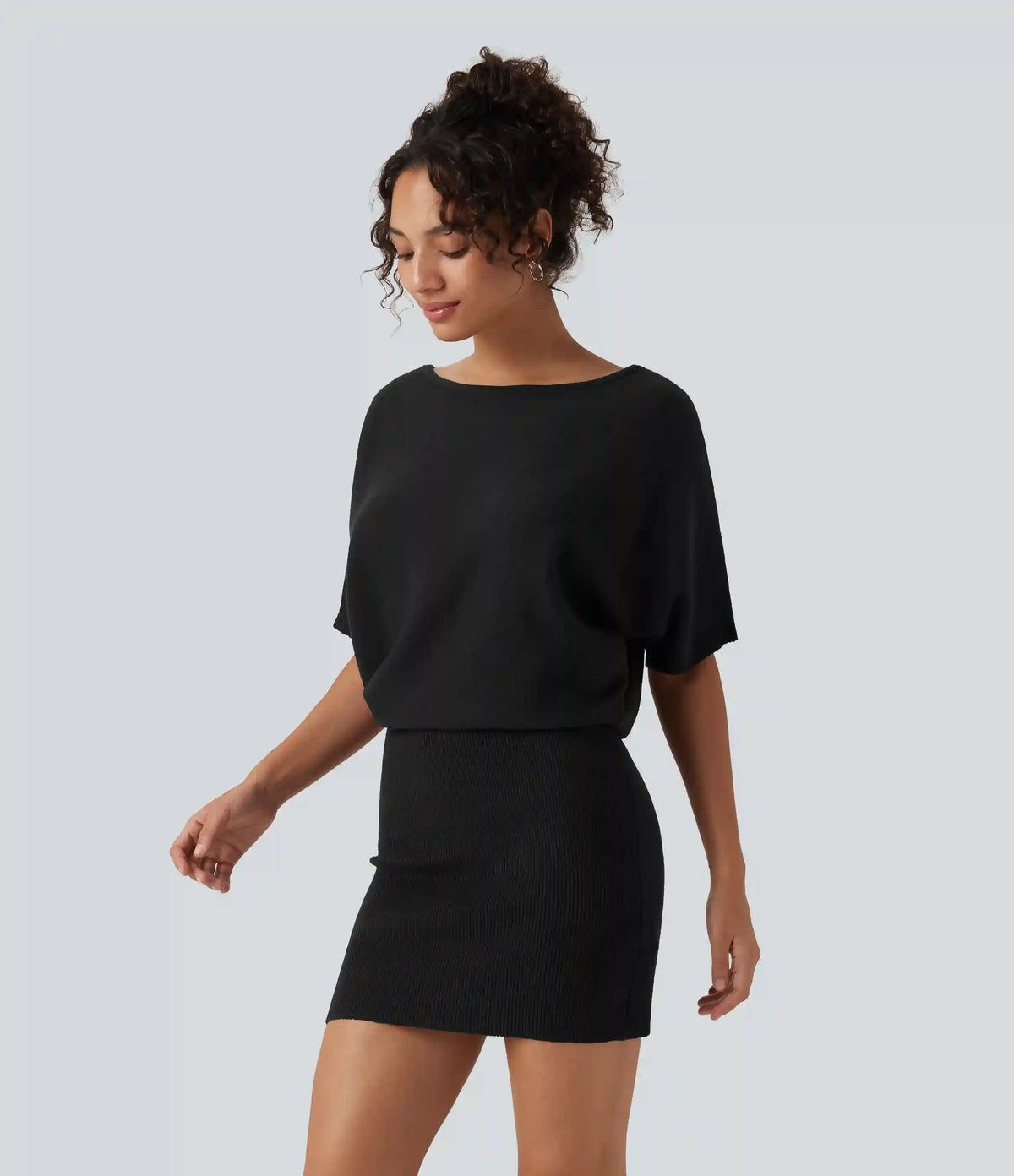 Ribbed Knit Boat Neck Batwing Short Sleeve Loose fit Mini Casual Dress