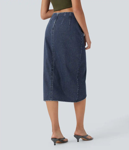 Halara Flex™ High Waisted Back Zipper Ruched Tulip Hem Midi Washed Denim Casual Skirt