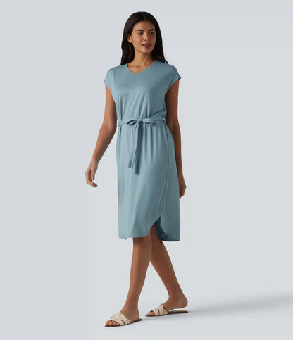 V-neck Short Sleeve Belted Curved Hem Casual T-Shirt Dress