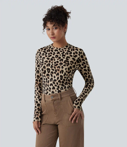 Round Neck Long Sleeve Leopard Print Casual Slim Top