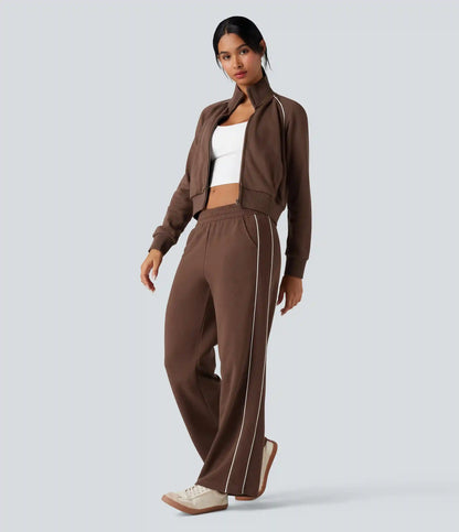 Mid Rise Drawstring Straight Leg Color Block Casual Cotton Pants with Pockets