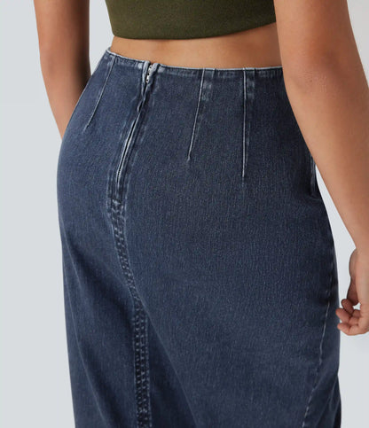 Halara Flex™ High Waisted Back Zipper Ruched Tulip Hem Midi Washed Denim Casual Skirt