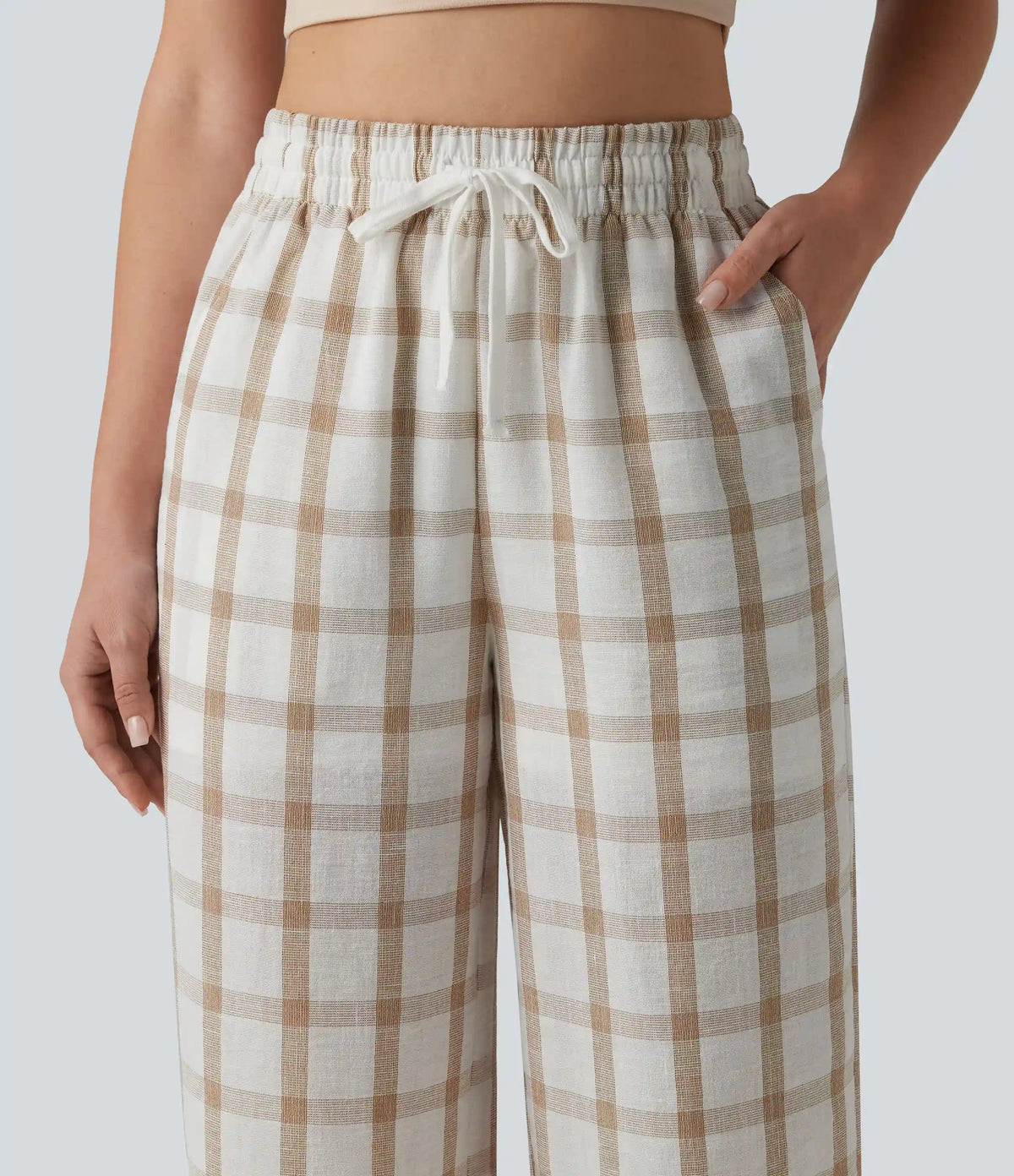 High Waisted Drawstring Plaid Linen-Feel Casual Baggy Pants with Pockets