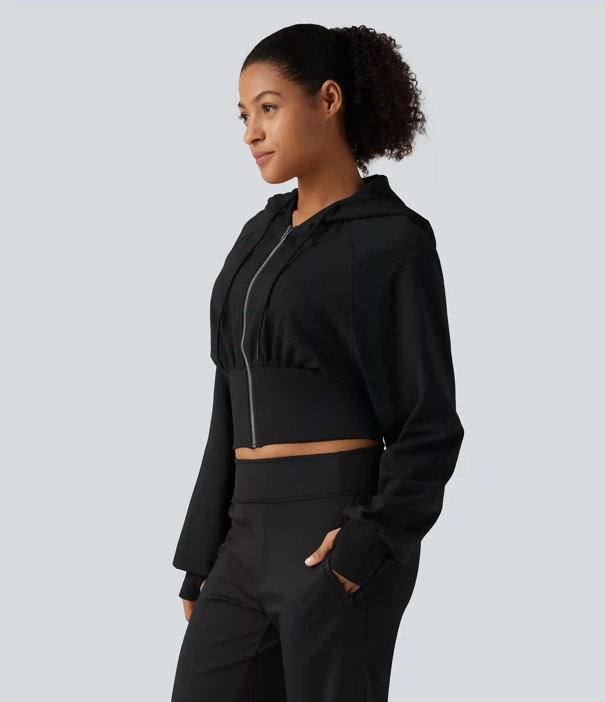 Hooded Raglan Sleeve Cropped Yoga Jacket with Hidden Pocket and Thumb Holes