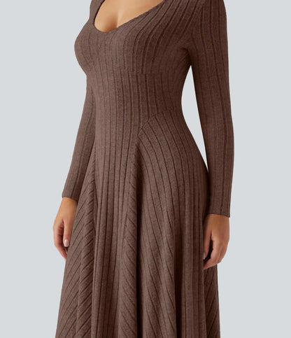Ribbed Knit V Neck Long Sleeve Flare Midi Casual Dress