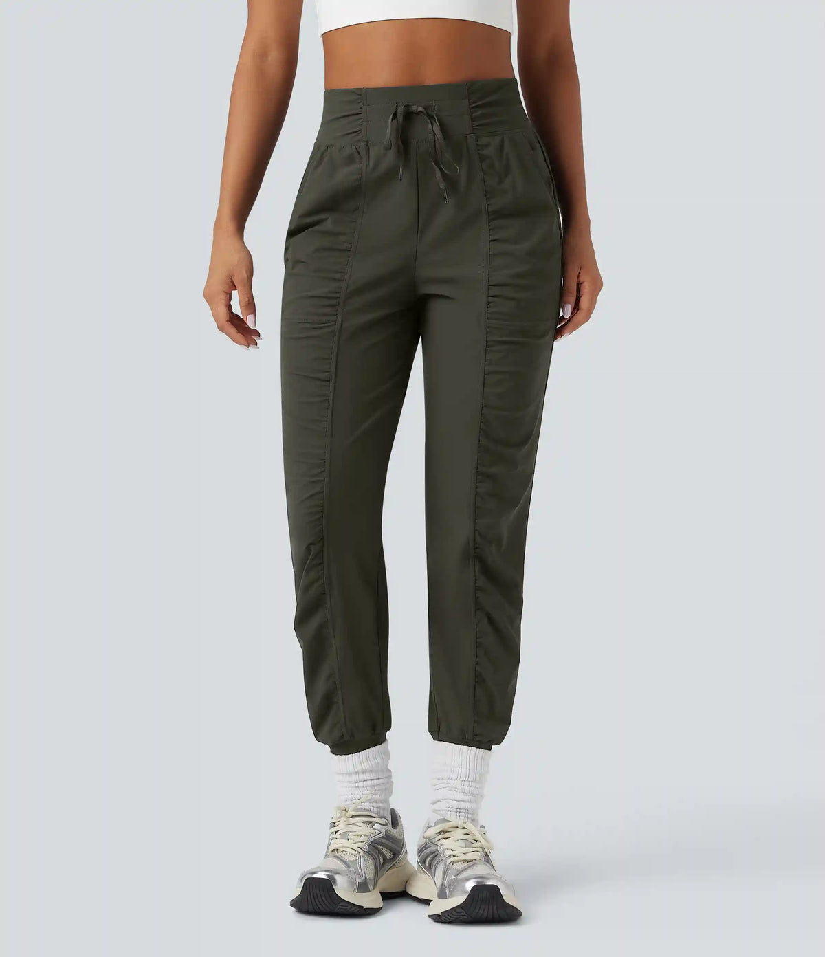 High Waisted Drawstring Ruched Tapered Quick Dry Cool Touch Dance Joggers with Pockets-UPF40+