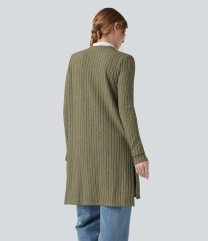 Ribbed Knit Long Sleeve Split Casual Cardigan