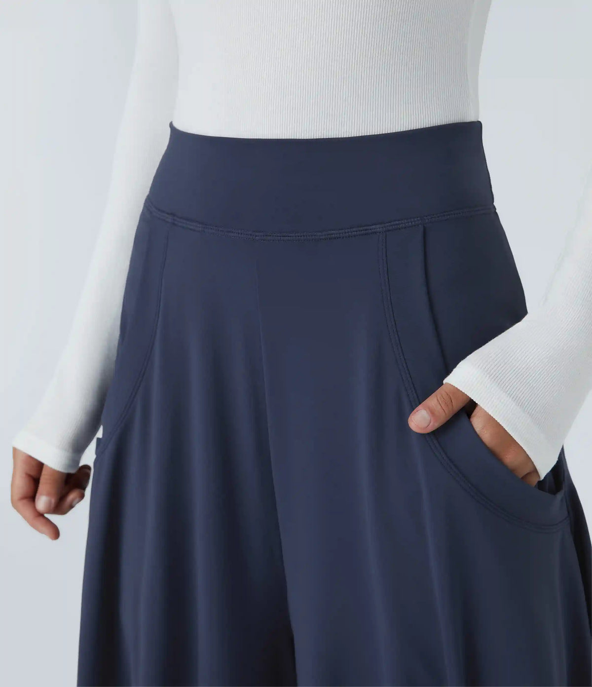 Mid Rise Pockets Draped Wide Leg Baggy Casual Pants