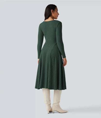Ribbed Knit V Neck Long Sleeve Flare Midi Casual Dress