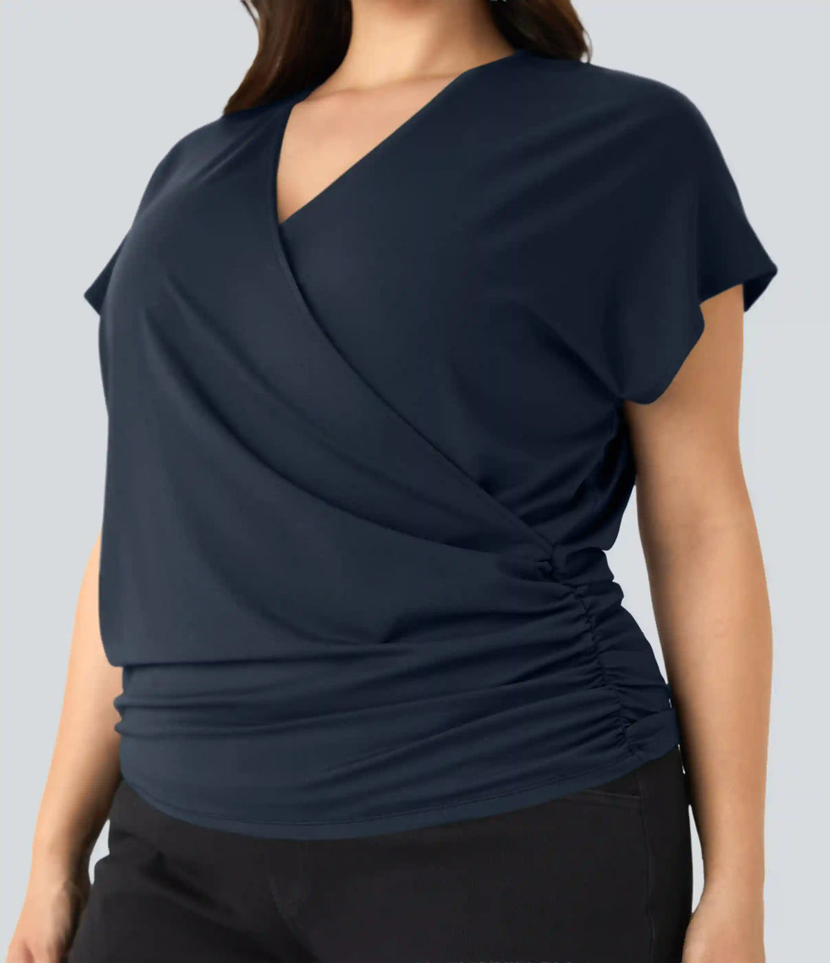 V Neck Cap Sleeve Crossover Ruched Solid Work Plus Size Blouse