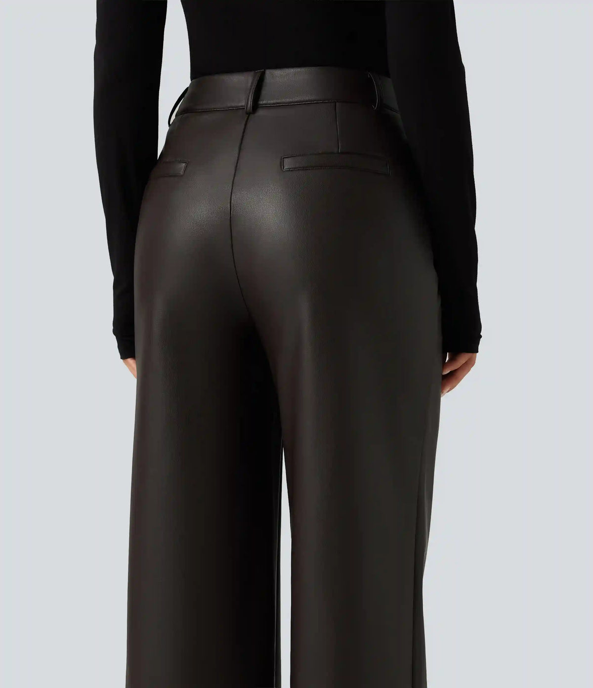 High Waisted Straight Leg Seam Stretchy PU Fleece Casual Leather Pants with Pockets