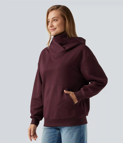 Hooded Crossover Dropped Long Sleeve Fleece Casual Sweatshirt with Pocket