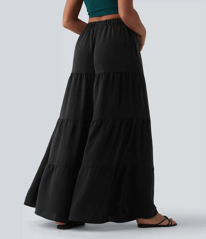 High Waisted Wide Leg Flowy Linen-Feel Pants with Pockets