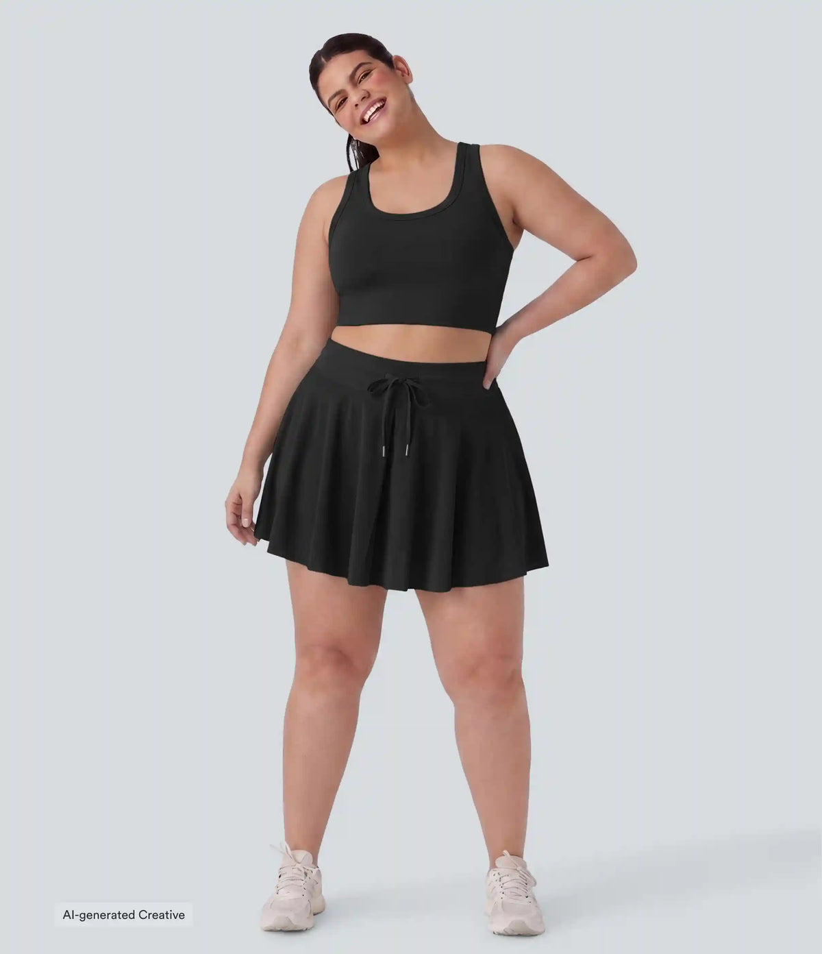 Plus Size High Waisted Drawstring Contrast Mesh 2-in-1 Flowy Mini Flare Casual Skirt with Pockets-Longer Length