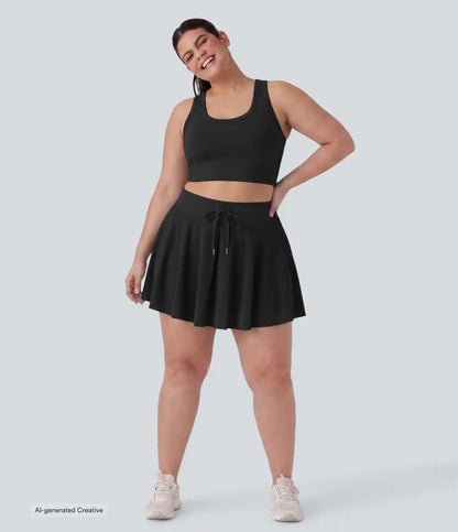 Plus Size High Waisted Drawstring Contrast Mesh 2-in-1 Flowy Mini Flare Casual Skirt with Pockets-Longer Length