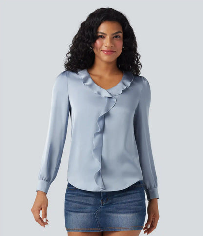 Ruffle Trim V-neck Long Sleeve Casual Satin Shirt