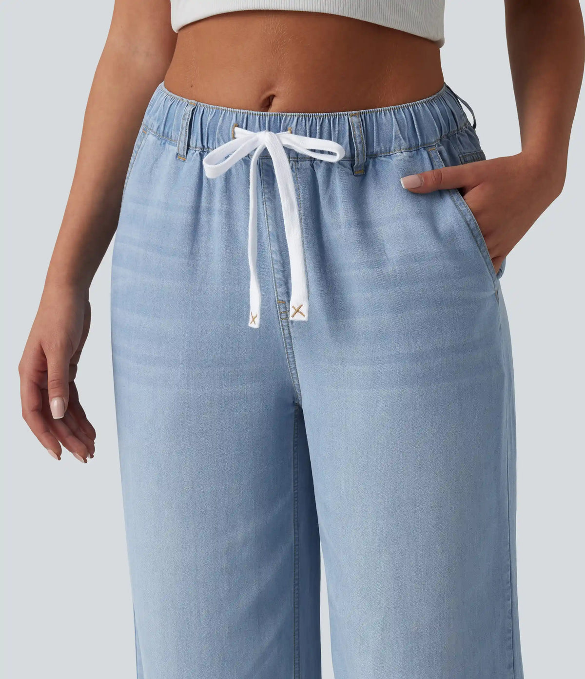 Mid Rise Drawstring Casual Jeans with Pockets