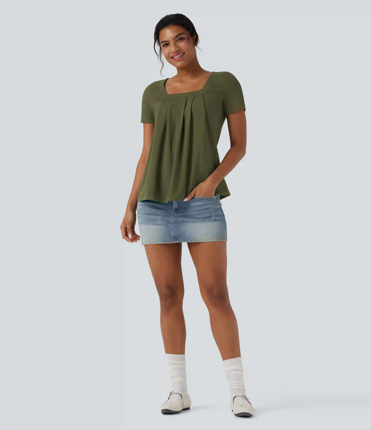 Square Neck Short Sleeve Casual Blouse