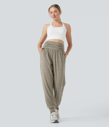 High Waisted Ruched Heathered Yoga Joggers with Pockets