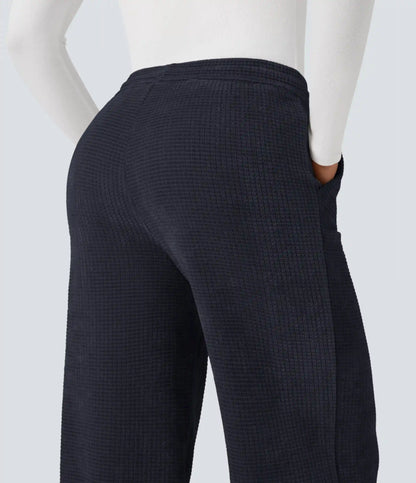 Mid Rise Chenille Waffle Casual Straight-leg Pants with Pockets