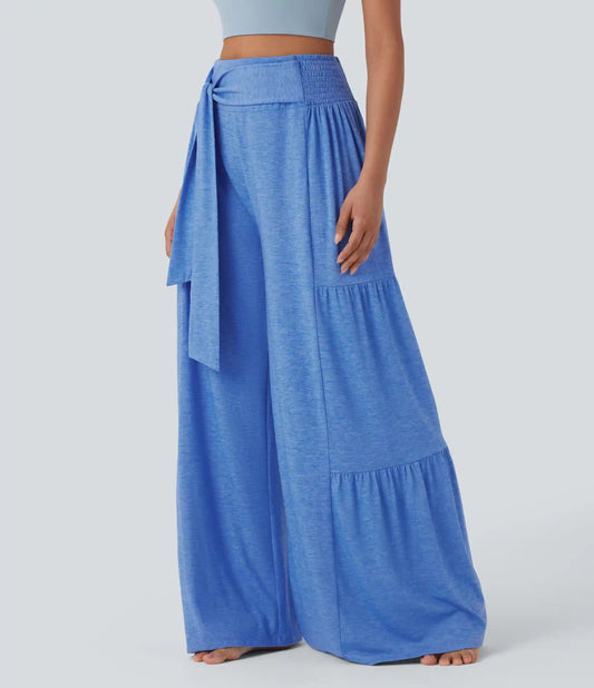 High Waisted Shirred Tie Front & Back Wide Leg Flowy Dance Pants
