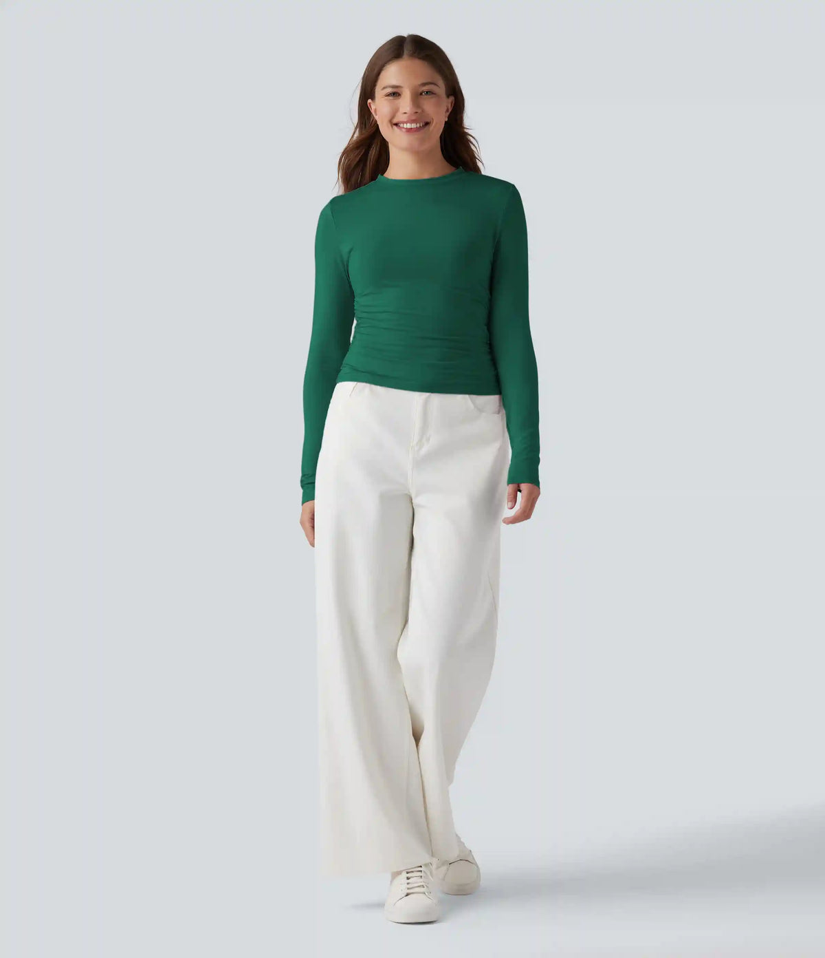 Round Neck Long Sleeve Ruched Casual Top