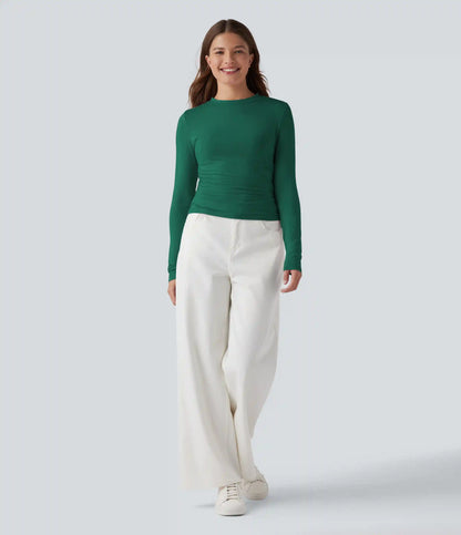 Round Neck Long Sleeve Ruched Casual Top