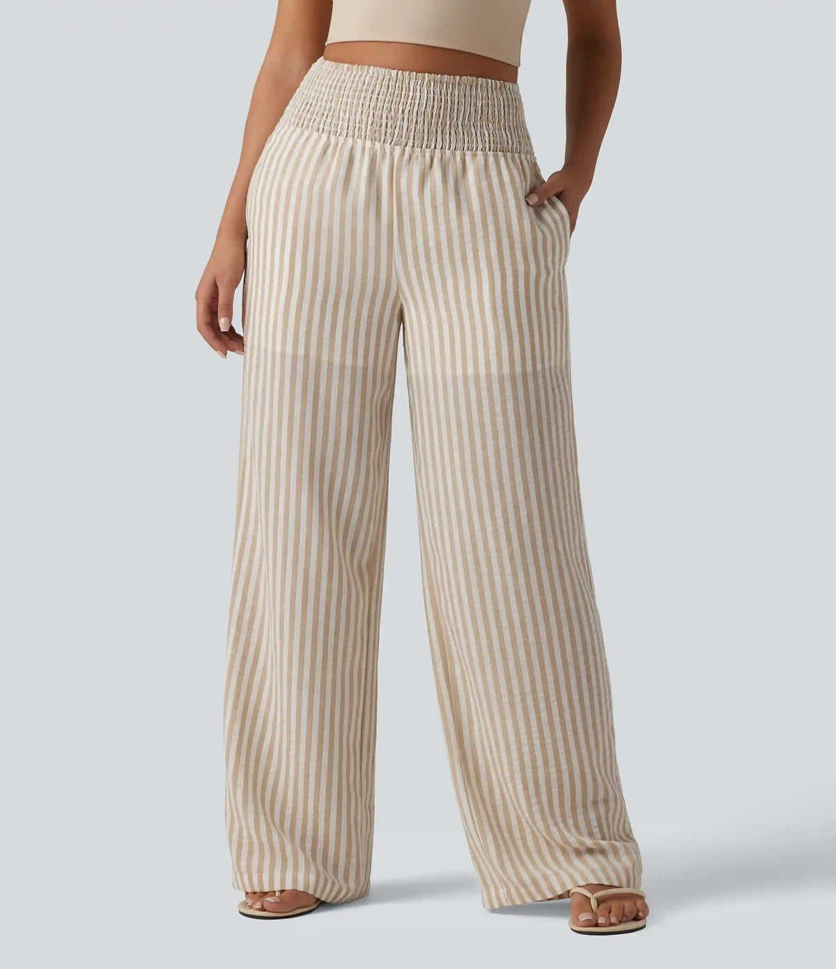 High Waisted Shirred 2-in-1 Straight Leg Stripe Casual Linen-Feel Pants with Pockets